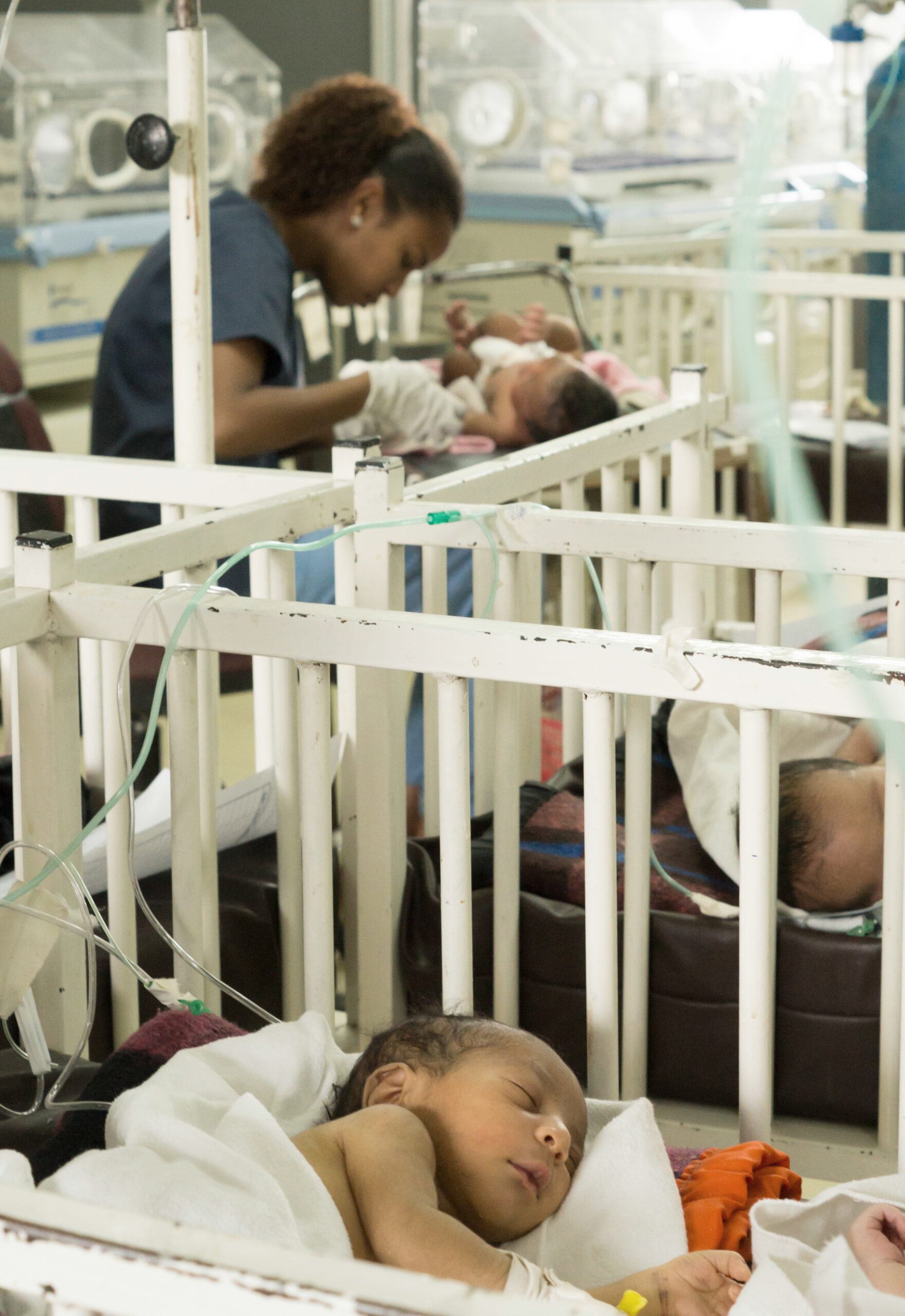 Nurse taking care of newborn babies who are treated inside Neonatal intensive care unit at Yekatit 12 Hospital Medical College