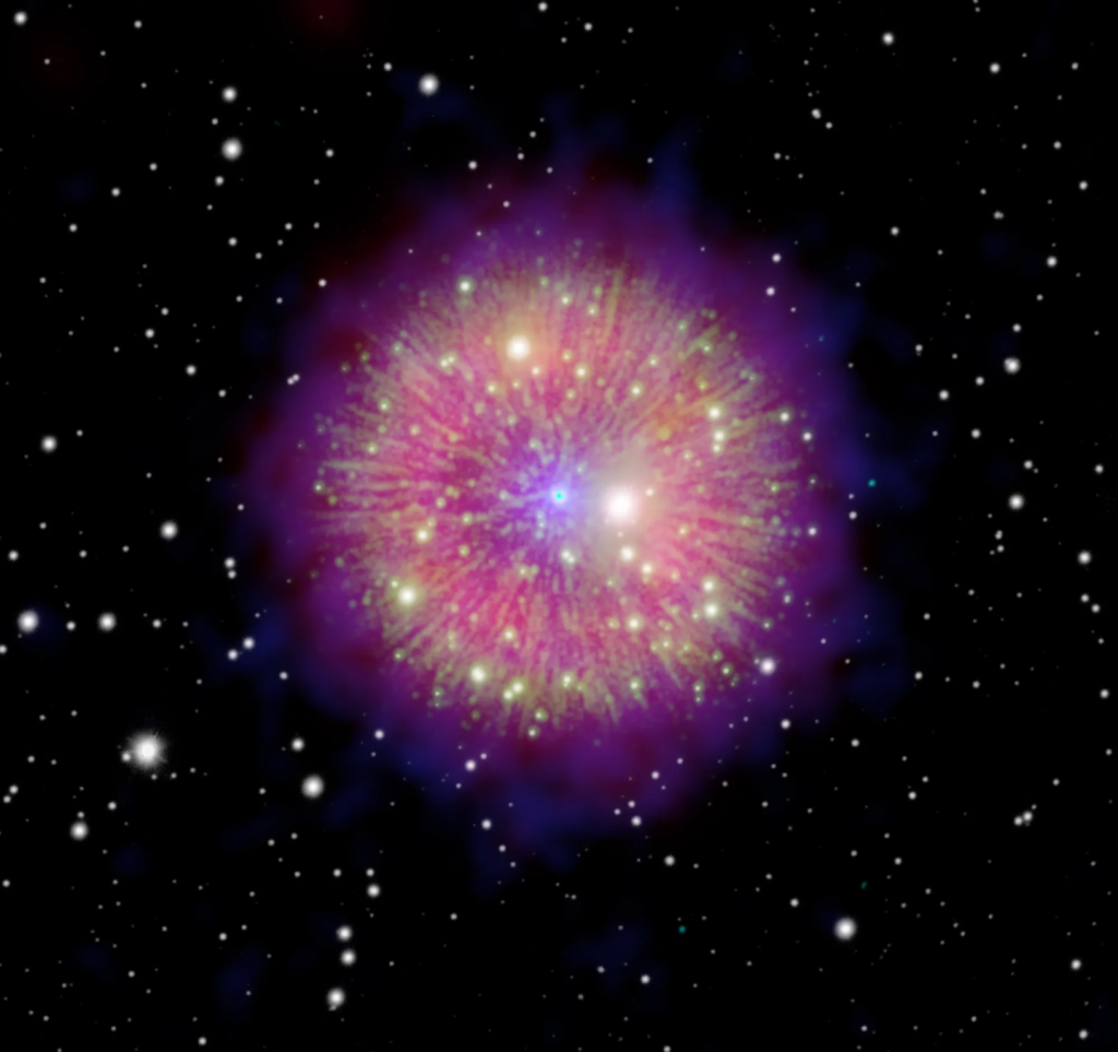 A composite image of SNR 1181, the remains of an explosion hundreds of years ago caused by the merger of two stars.