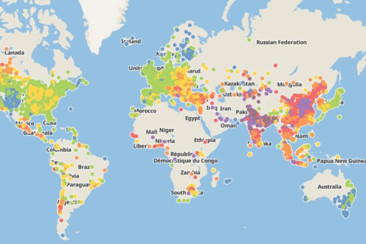 Interactive global map of 2023 PM2.5 concentrations by city.