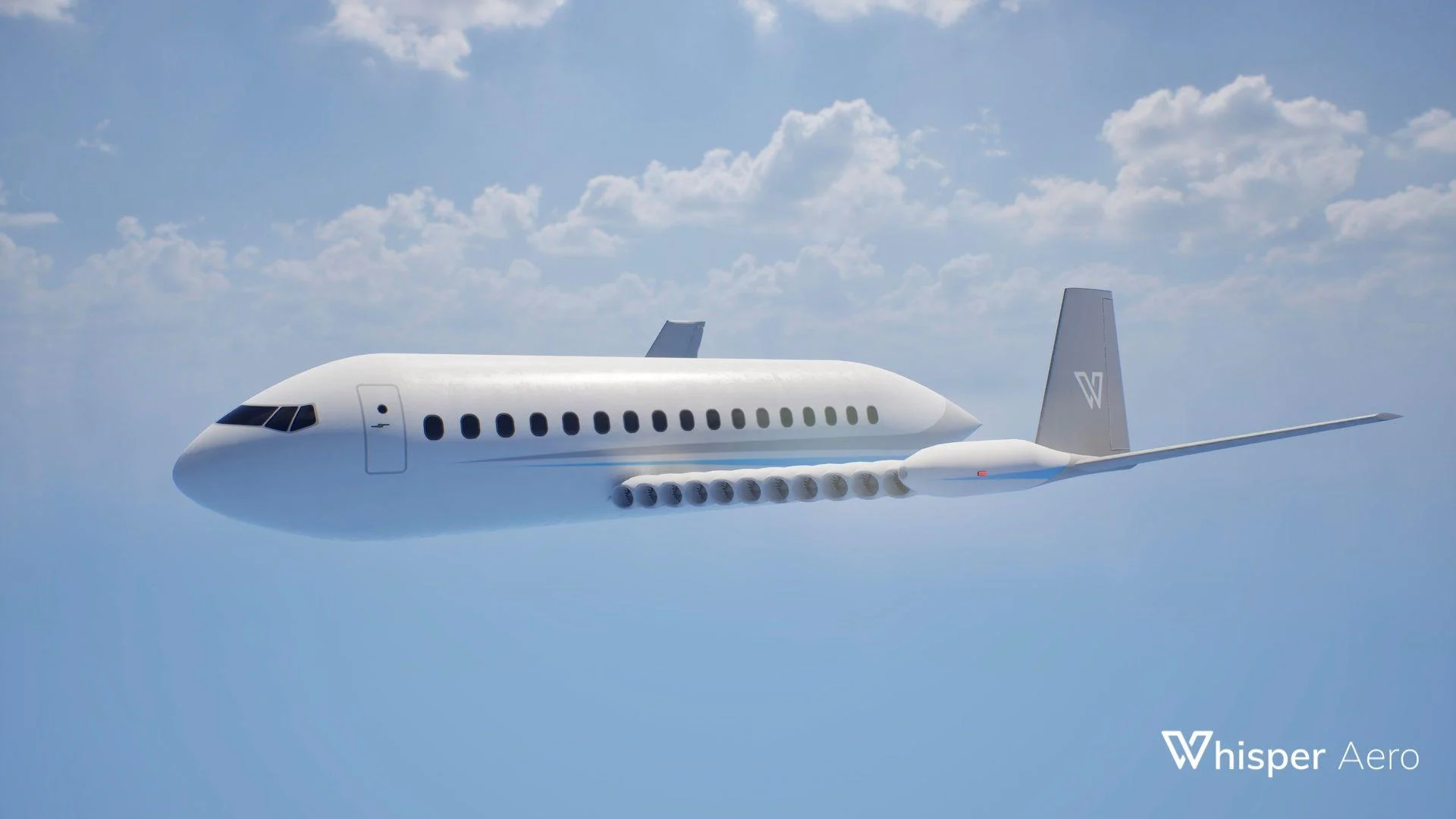 An array of 22 electric ducted fans is integrated into the leading edge of the Whisper Jetliner’s wing. Credit: Whisper Aero