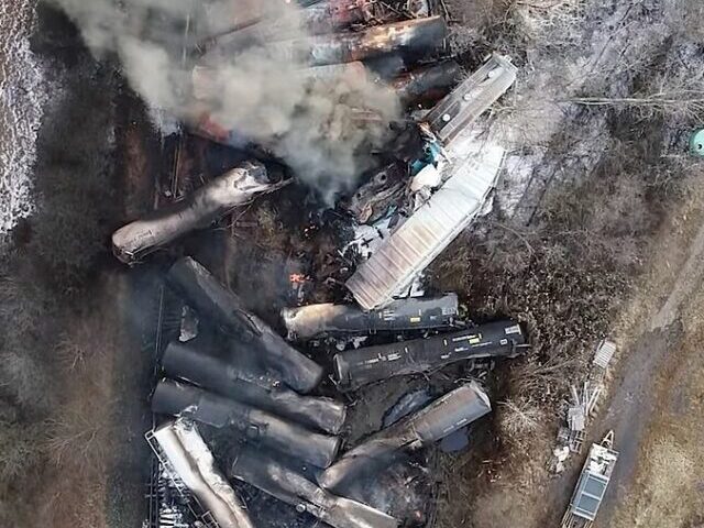 The freight train derailment in East Palestine, Ohio, U.S.( Photo Credit: National Transportation Safety Board )