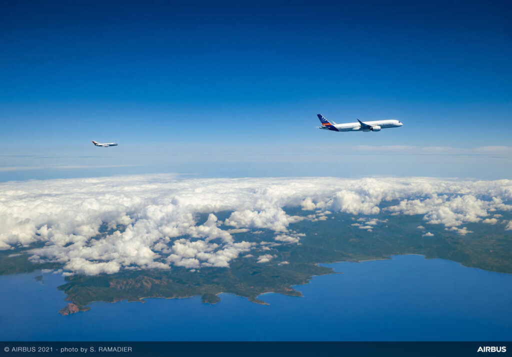 A350 flight test aircraft followed by DLR chase plane during ECLIF3 flight campaign "Photo Credits-Airbus"