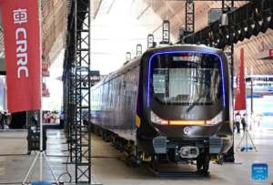 The CETROVO 1.0 subway car was launched in Qingdao on Wednesday. With a carbon fiber composite body and frame, it is lighter and more energy-efficient than the traditional subway train. (Xinhua/Li Ziheng) Photo Credits: CRRC