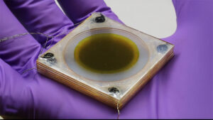 A new UCLA-developed cooling device made of six thin layers of nanotube-coated polymer films about one-quarter of an-inch thick. Photo Source: UCLA Soft Materials Research Laboratory