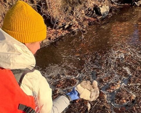 Person in yellow beanie examines foam near partially frozen waterway. Photo Source: UNH Research Team.