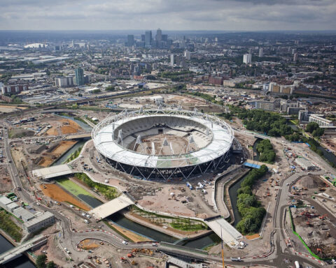 Olympic stadium aerial image used for World Athletics Championships host coverage.
