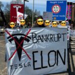 A protest scene outside a Tesla facility, where demonstrators are holding banners and signs opposing Tesla and its CEO, Elon Musk. Photo Source: JimmieG (Twitter)