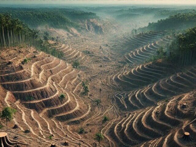 Representative Image. AI Generated Image: Large-scale deforestation, showing a once-lush forest that has been cleared, leaving behind barren, terraced land with tree stumps and remnants of fallen trees.