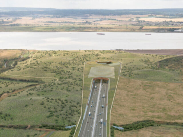 A conceptual or digital rendering of a large infrastructure project, Lower Thames Crossing in the UK. Photo Source: National Highways