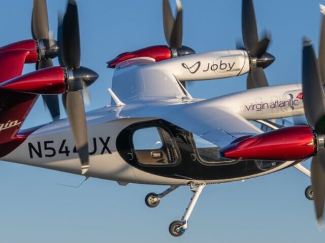 Joby’s all-electric air taxi in flight above the company’s flight test facility in Marina, California.