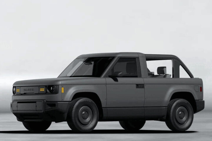 A gray pickup truck with a minimalist, boxy design. Photo Source: SLATE
