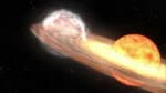 A red giant star and white dwarf orbit each other in this animation of a nova similar to T Coronae Borealis. The red giant is a large sphere in shades of red, orange, and white, with the side facing the white dwarf the lightest shades.Photo Source; NASA