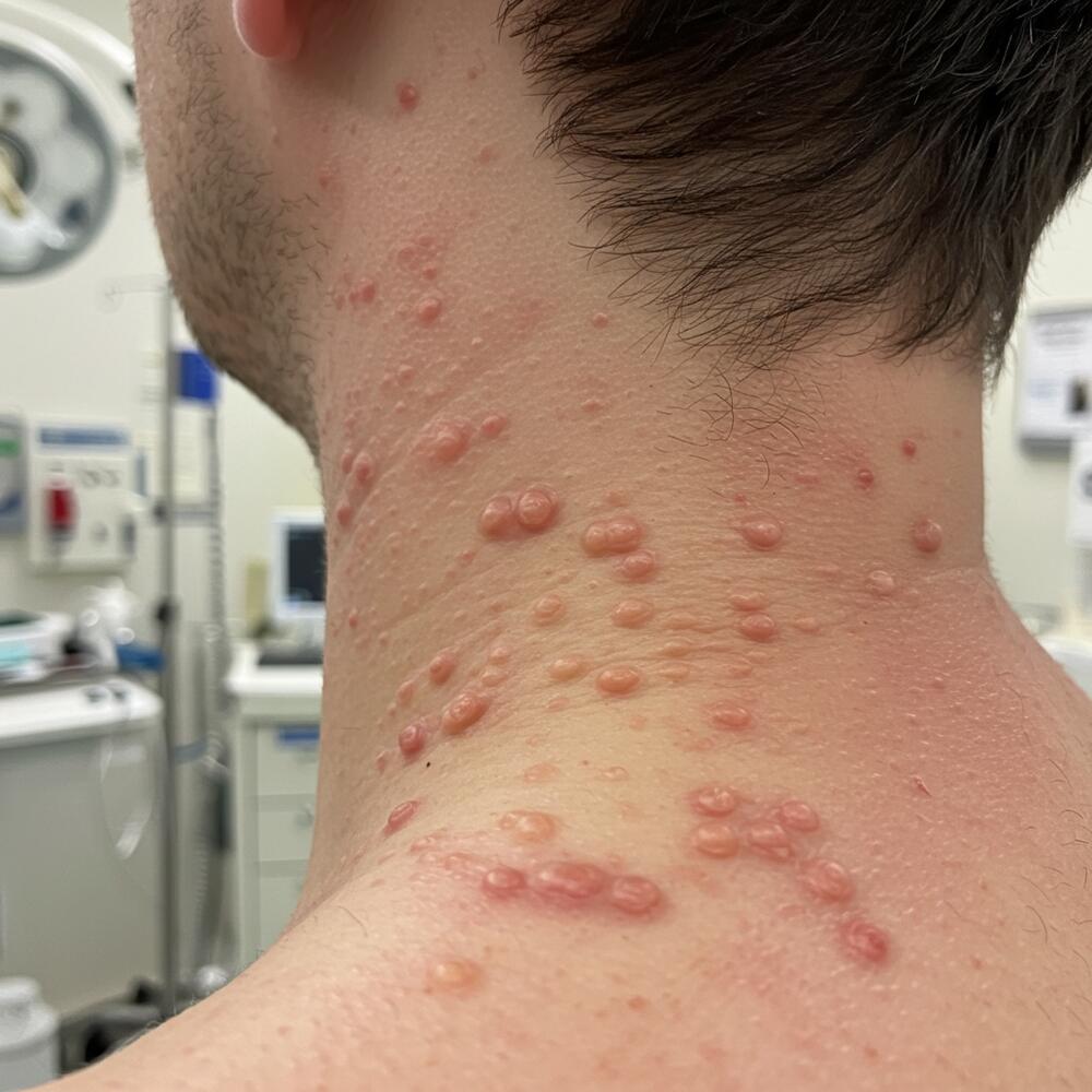 A close-up of a person's neck and upper back covered in red, fluid-filled blisters and rashes. Photo Source: AI Generated Image.