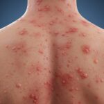 The back of a person covered with numerous inflamed, red, and swollen bumps or pustules, many of which appear to be filled with pus. Photo Source: AI Generated Image.