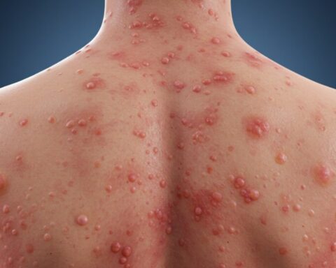 The back of a person covered with numerous inflamed, red, and swollen bumps or pustules, many of which appear to be filled with pus. Photo Source: AI Generated Image.