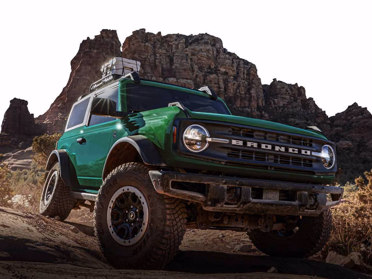Ford Bronco SUV parked in the wild, front-side view