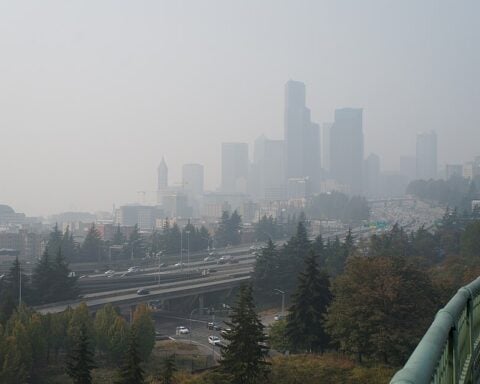A view of the Downtown Seattle skyline from the Rizal Bridge, seen during smokey conditions caused by wildfires in the Western U.S. (CC BY-SA 4.0)