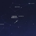 Sky chart showing constellation Corona Borealis with the location where nova "T CrB" is predicted to appear. The view depicts the constellation with the nova occurring, indicated by an arrow.
