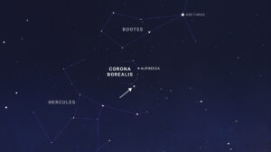 Sky chart showing constellation Corona Borealis with the location where nova "T CrB" is predicted to appear. The view depicts the constellation with the nova occurring, indicated by an arrow.