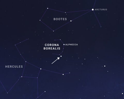 Sky chart showing constellation Corona Borealis with the location where nova "T CrB" is predicted to appear. The view depicts the constellation with the nova occurring, indicated by an arrow.