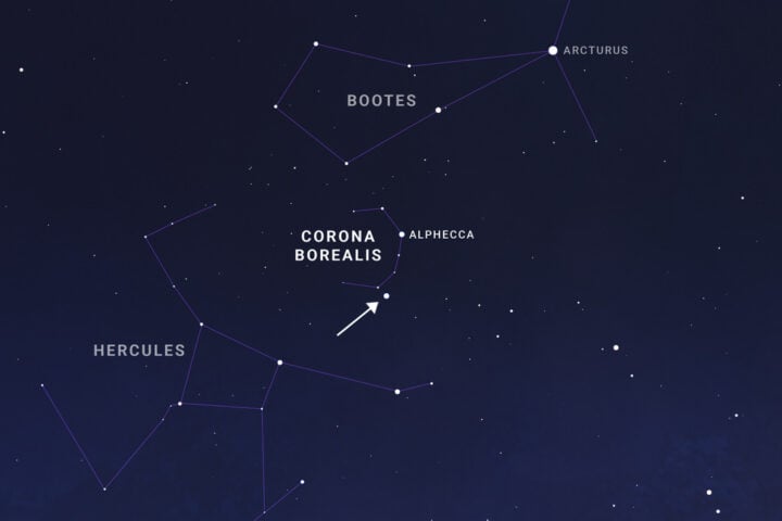 Sky chart showing constellation Corona Borealis with the location where nova "T CrB" is predicted to appear. The view depicts the constellation with the nova occurring, indicated by an arrow.