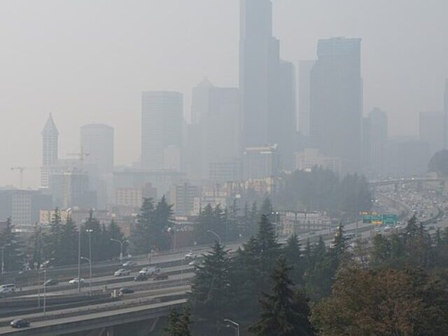 A view of the Downtown Seattle skyline from the Rizal Bridge, seen during smokey conditions caused by wildfires in the Western U.S. (CC BY-SA 4.0)