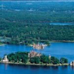 This aerial view of the verdant landscape around Boldt Castle demonstrates the large scale of nature, history, and culture along the Great Lakes Seaway Trail.