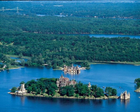 This aerial view of the verdant landscape around Boldt Castle demonstrates the large scale of nature, history, and culture along the Great Lakes Seaway Trail.