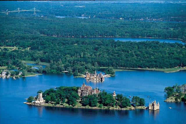 This aerial view of the verdant landscape around Boldt Castle demonstrates the large scale of nature, history, and culture along the Great Lakes Seaway Trail.