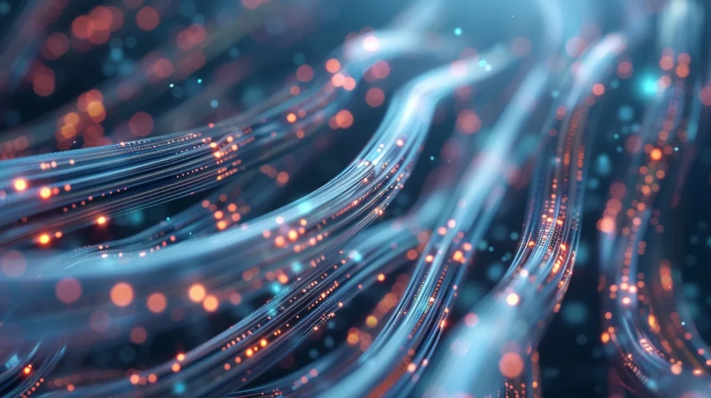 A mesmerizing close-up view of fiber optics showcasing glowing, swirling cables with vibrant light dots.