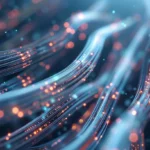 A mesmerizing close-up view of fiber optics showcasing glowing, swirling cables with vibrant light dots.