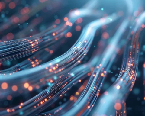 A mesmerizing close-up view of fiber optics showcasing glowing, swirling cables with vibrant light dots.
