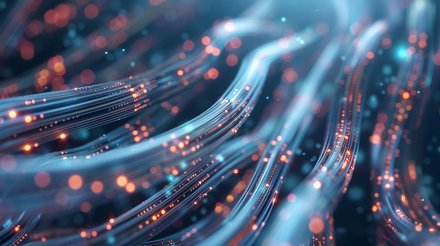 A mesmerizing close-up view of fiber optics showcasing glowing, swirling cables with vibrant light dots.