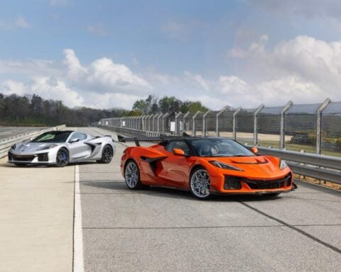Front 3/4 view of Blade Silver Corvette ZR1X and Sebring Orange Tintcoat Corvette ZR1X Convertible with ZTK Performance Package. Preproduction model shown, actual production model may vary.