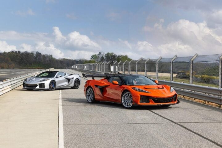 Front 3/4 view of Blade Silver Corvette ZR1X and Sebring Orange Tintcoat Corvette ZR1X Convertible with ZTK Performance Package. Preproduction model shown, actual production model may vary.