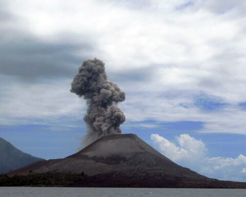Anak Krakatoa or Anak Krakatau or Anak Krakatao is a volcanic island in the Sunda Strait between Java and Sumatra in Indonesia. (CC BY 2.0)
