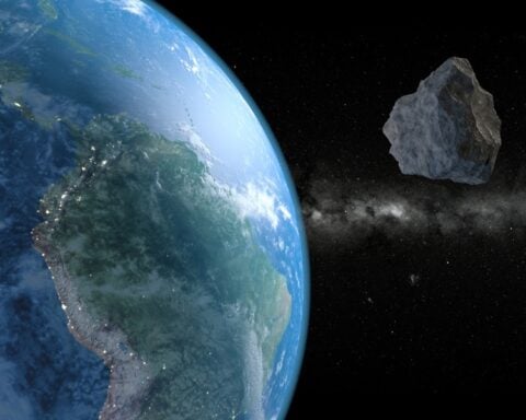 An artistic depiction of an asteroid approaching the Earth.