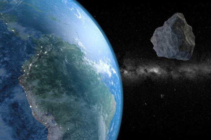 An artistic depiction of an asteroid approaching the Earth.