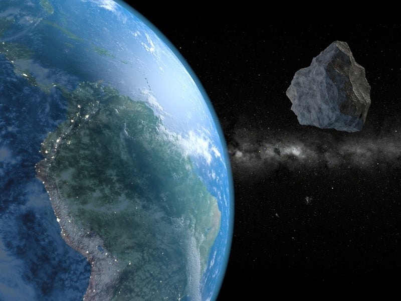 An artistic depiction of an asteroid approaching the Earth.