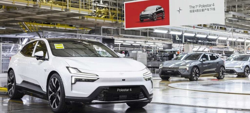 Polestar 4 SUV rolling off the factory assembly line at Hangzhou Bay plant.