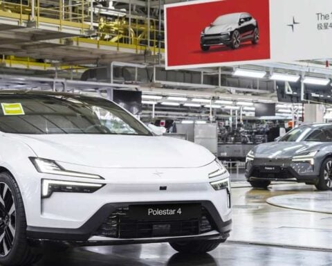 Polestar 4 SUV rolling off the factory assembly line at Hangzhou Bay plant.