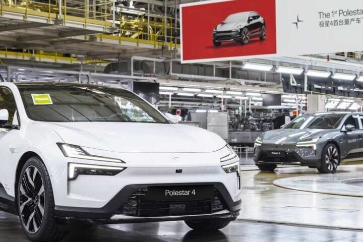Polestar 4 SUV rolling off the factory assembly line at Hangzhou Bay plant.
