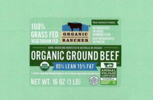 Label of an organic beef product displaying nutrition facts and safe handling instructions.