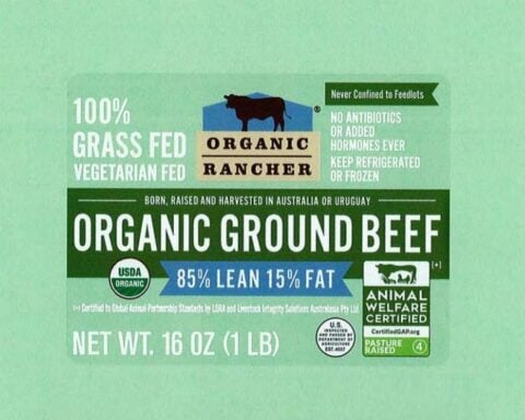 Label of an organic beef product displaying nutrition facts and safe handling instructions.