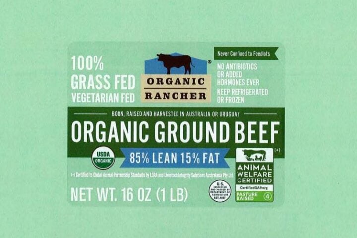 Label of an organic beef product displaying nutrition facts and safe handling instructions.