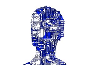 A head made of electronic circuit boards / A man's head made up of electronic components / Public domain stock illustration.
