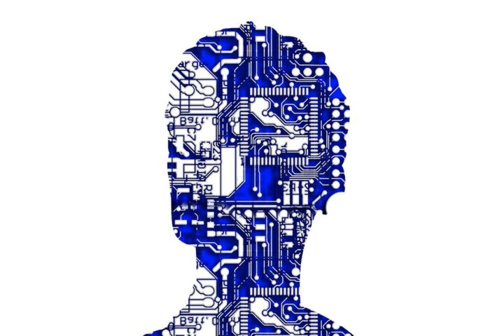 A head made of electronic circuit boards / A man's head made up of electronic components / Public domain stock illustration.