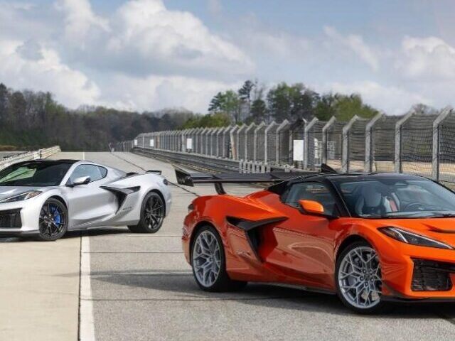 Front 3/4 view of Blade Silver Corvette ZR1X and Sebring Orange Tintcoat Corvette ZR1X Convertible with ZTK Performance Package. Preproduction model shown, actual production model may vary.