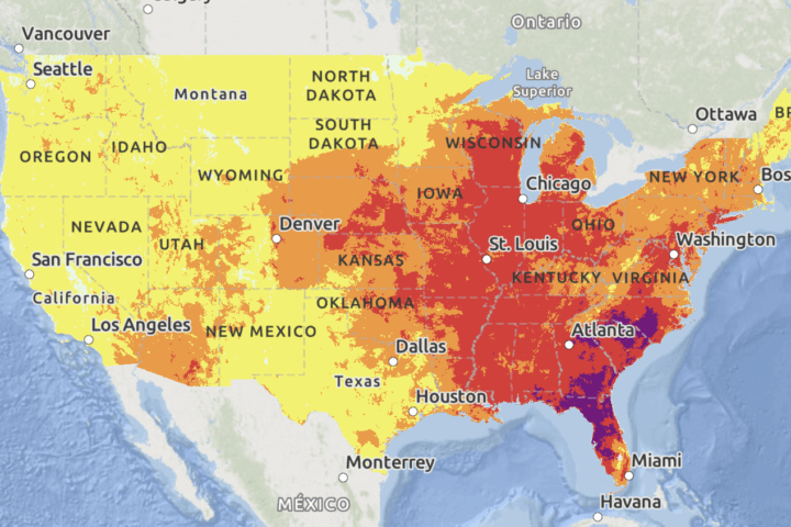 The NWS experimental HeatRisk map highlights “Major” to “Extreme” risk levels across the Southeast—where persistent high humidity and overnight lows stuck in the 70s–80s °F curtail nocturnal cooling and elevate danger for heat‑sensitive populations.