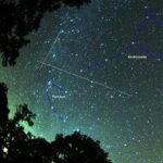 Two perseids meteors and their radiant (crossing of dotted line). Two star constellations are indicated. Photo Source: Brocken Inaglory.